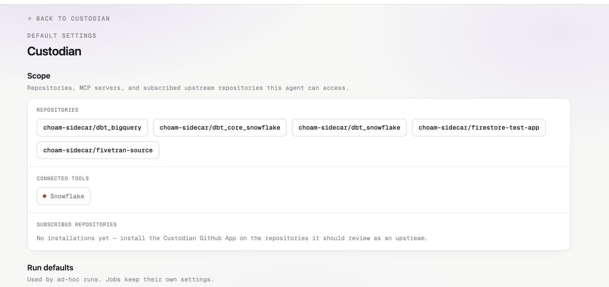 Custodian settings with repository access, connected tools, and an empty subscribed repositories section