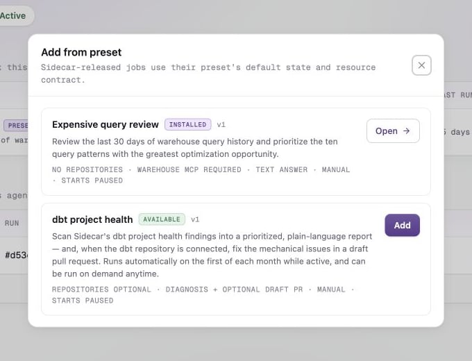 Optimization preset dialog with Expensive query review installed and dbt project health available