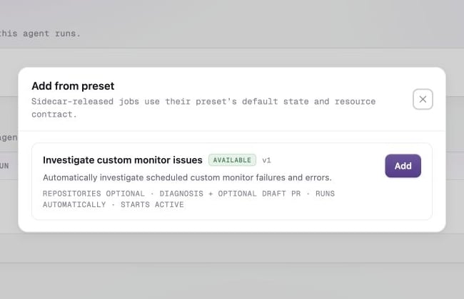 Reliability preset dialog with Investigate custom monitor issues available to add