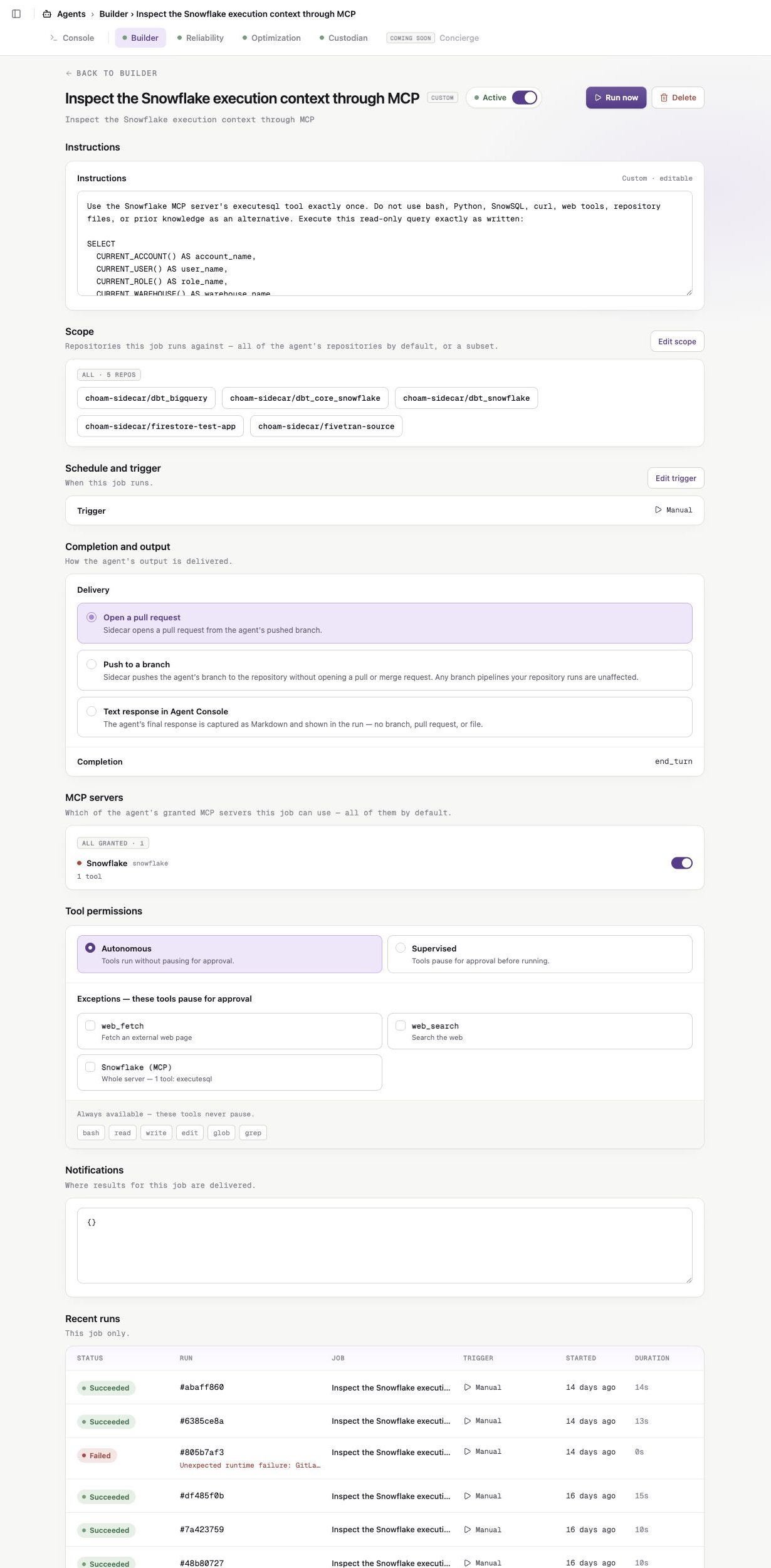 Full Builder job configuration with instructions, scope, trigger, output, MCP servers, and tool permissions