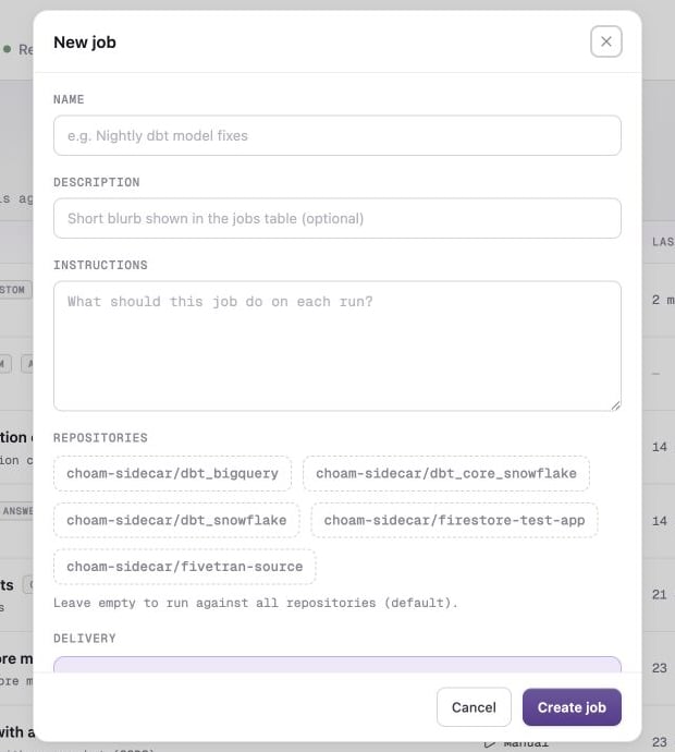 Empty New job dialog with name, description, instructions, repositories, and delivery fields