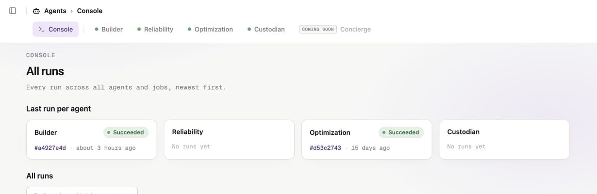 Agent Console with Console, Builder, Reliability, Optimization, and Custodian available and Concierge marked coming soon