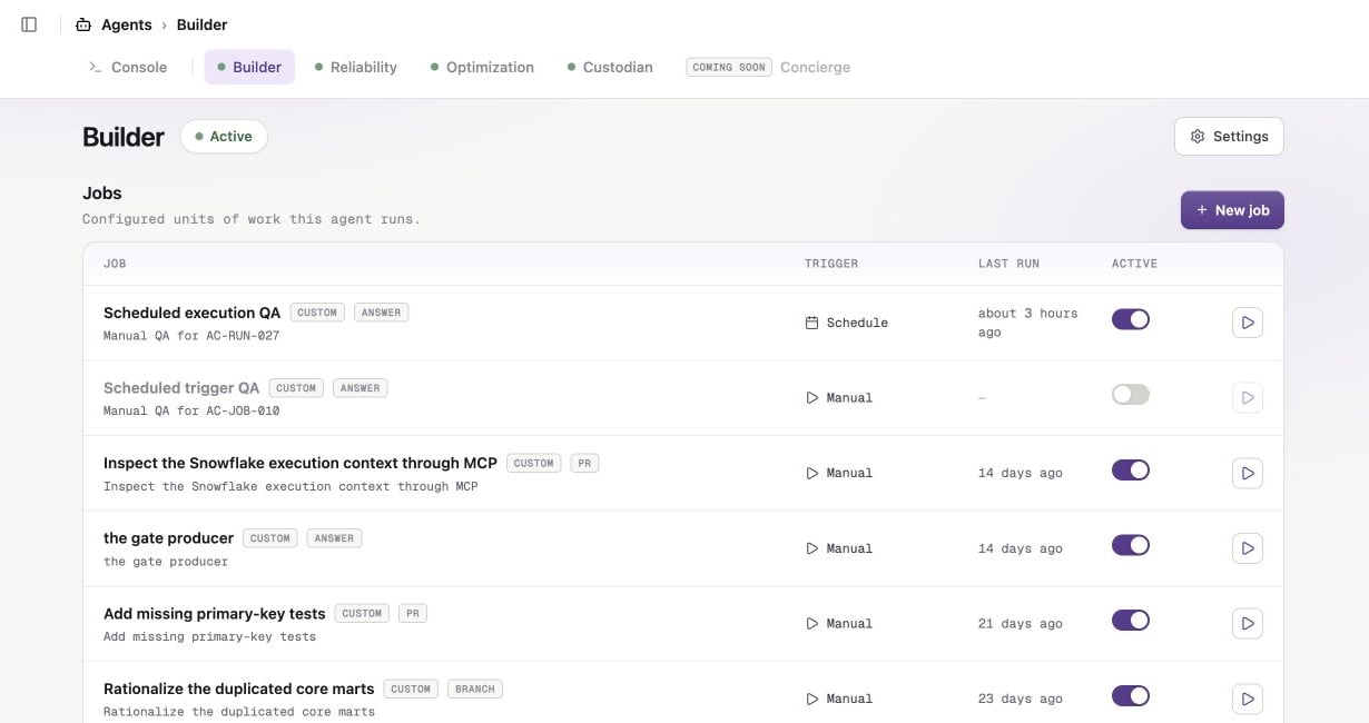Builder page with configured jobs, active controls, and New job button