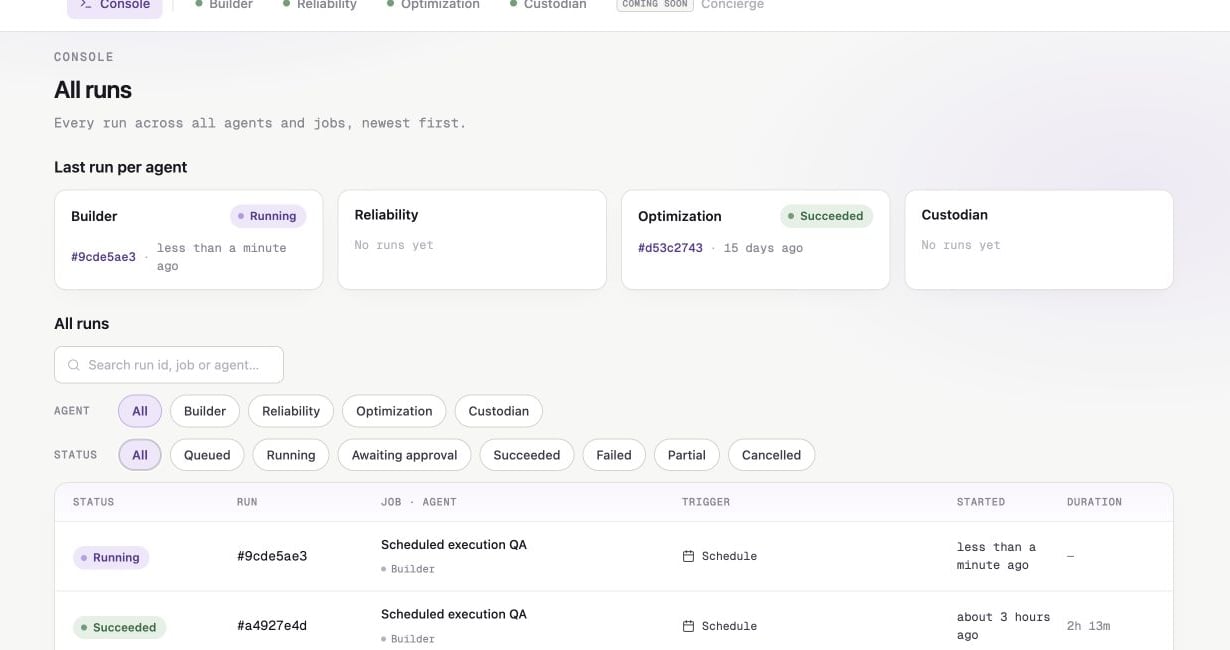 Agent Console run list with agent and status filters and scheduled Builder runs