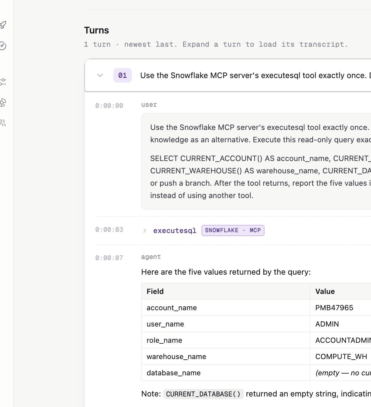 Expanded Builder run turn with a Snowflake MCP executesql tool call and agent response