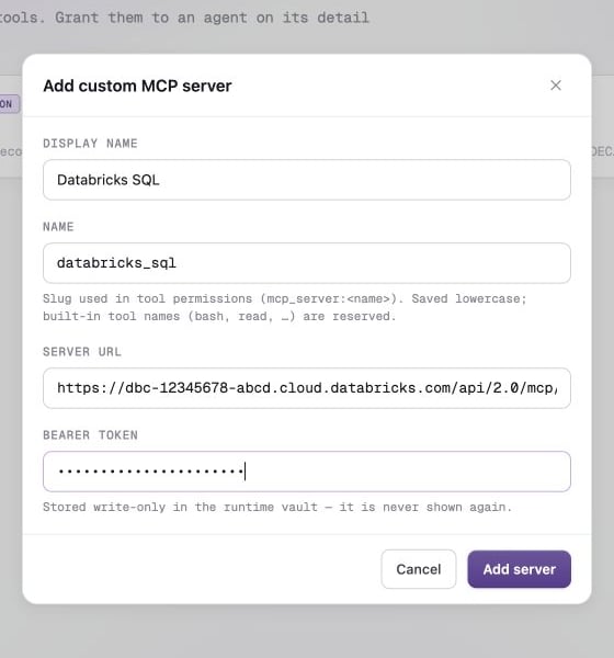 Custom MCP server form populated with a Databricks managed MCP endpoint