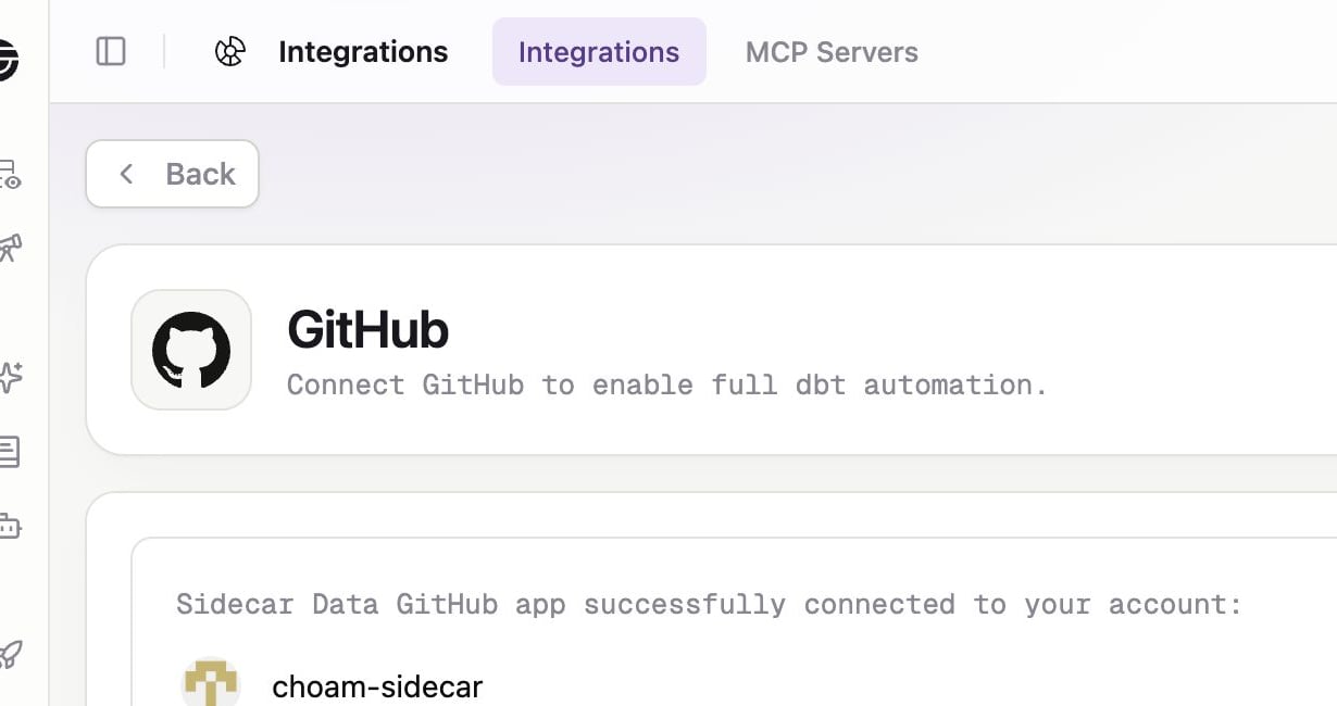 Connected GitHub integration with Sidecar Data account and Custodian installation status