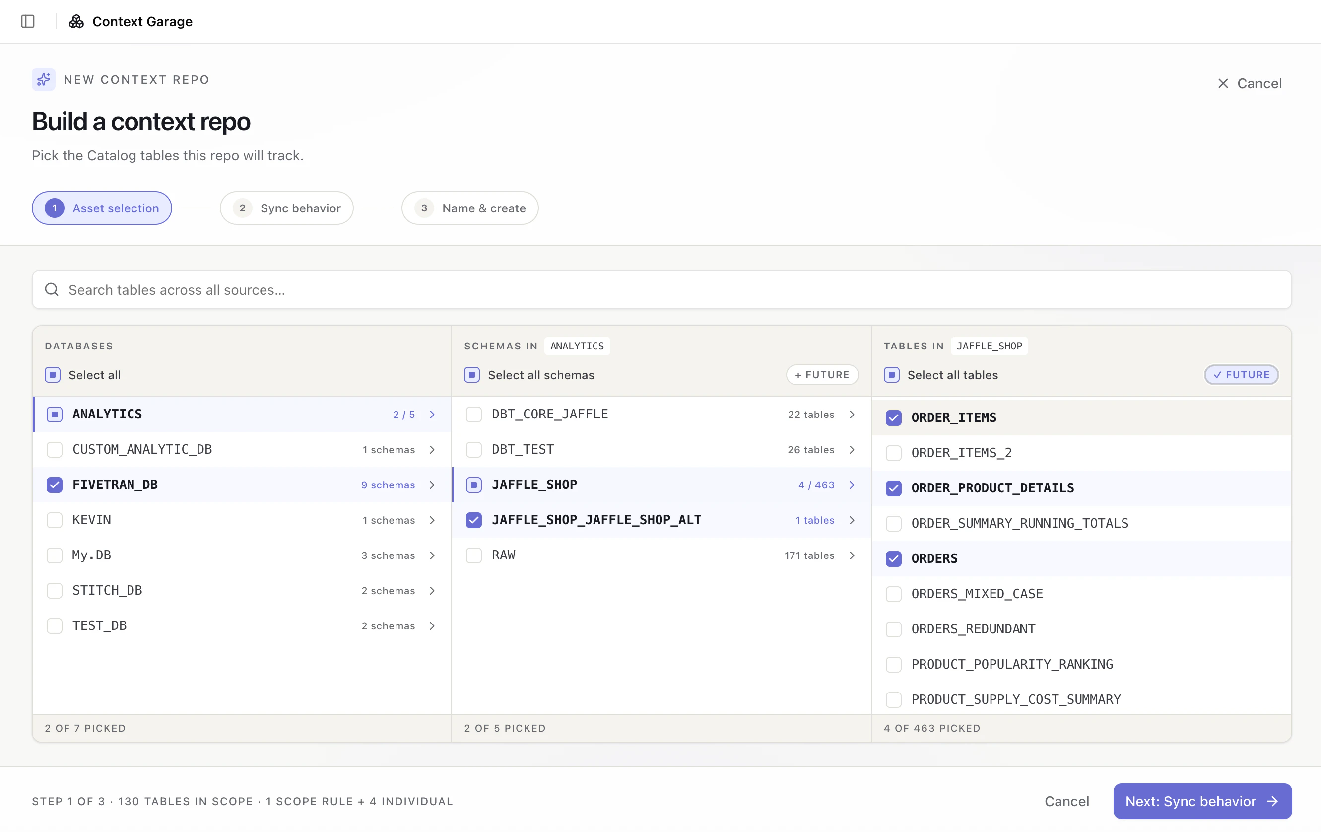 Three-column asset selector with databases, schemas, tables, selected rows, and Future controls