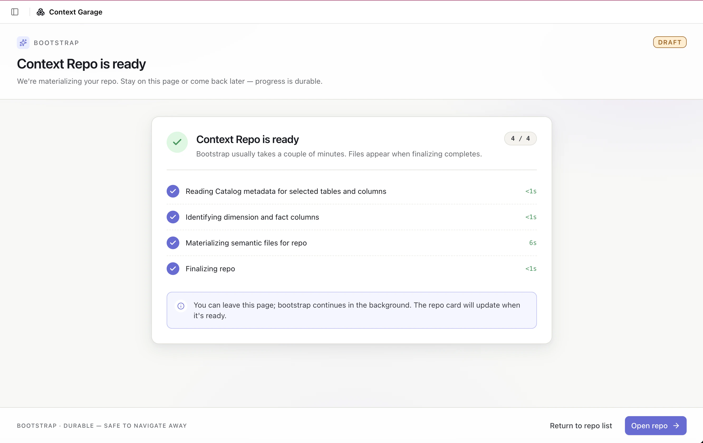 Bootstrap progress page with stages for reading Catalog metadata, identifying dimension and fact columns, materializing semantic files, and finalizing the repo
