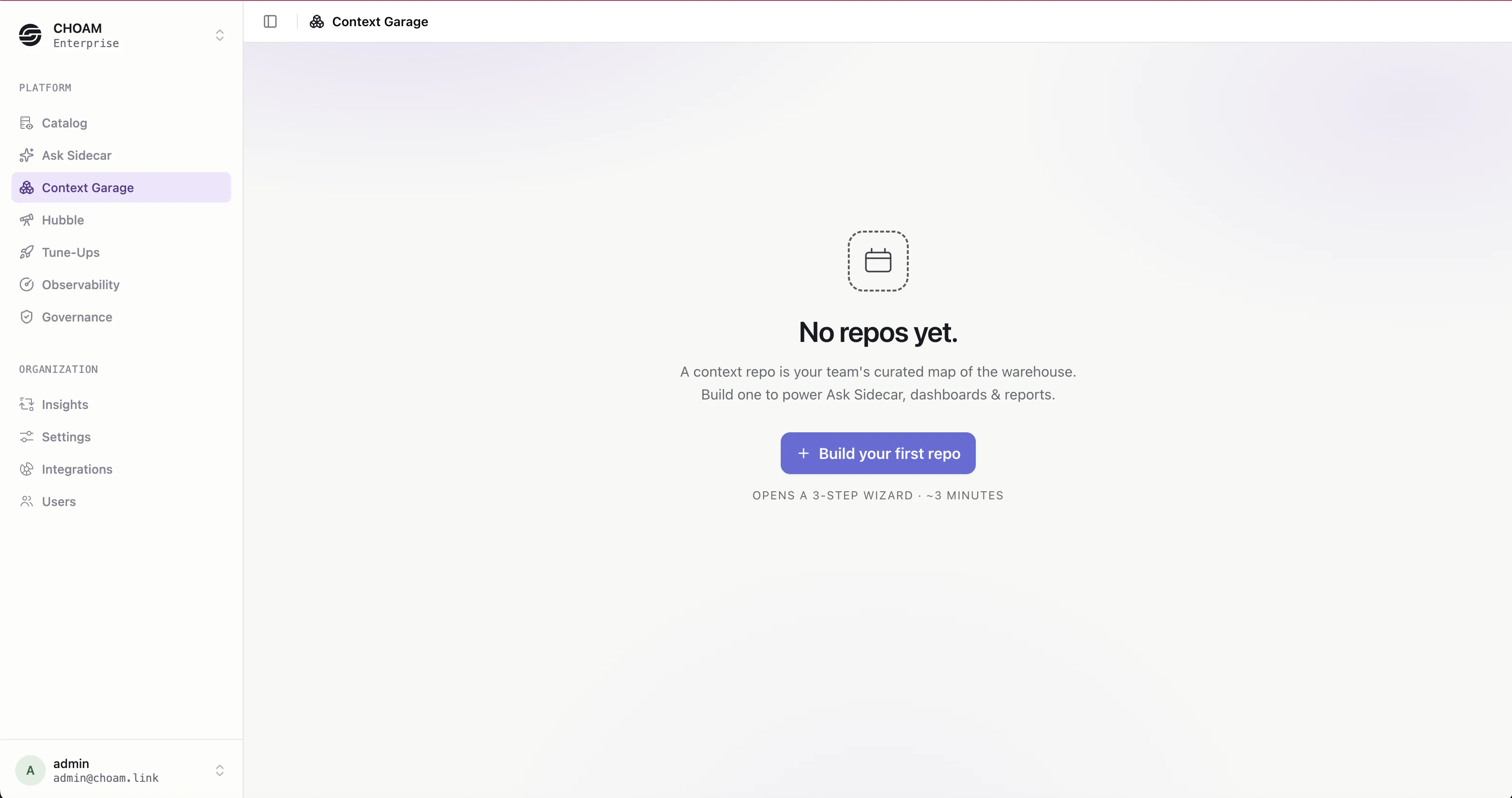 Context Garage empty state with Build your first repo button