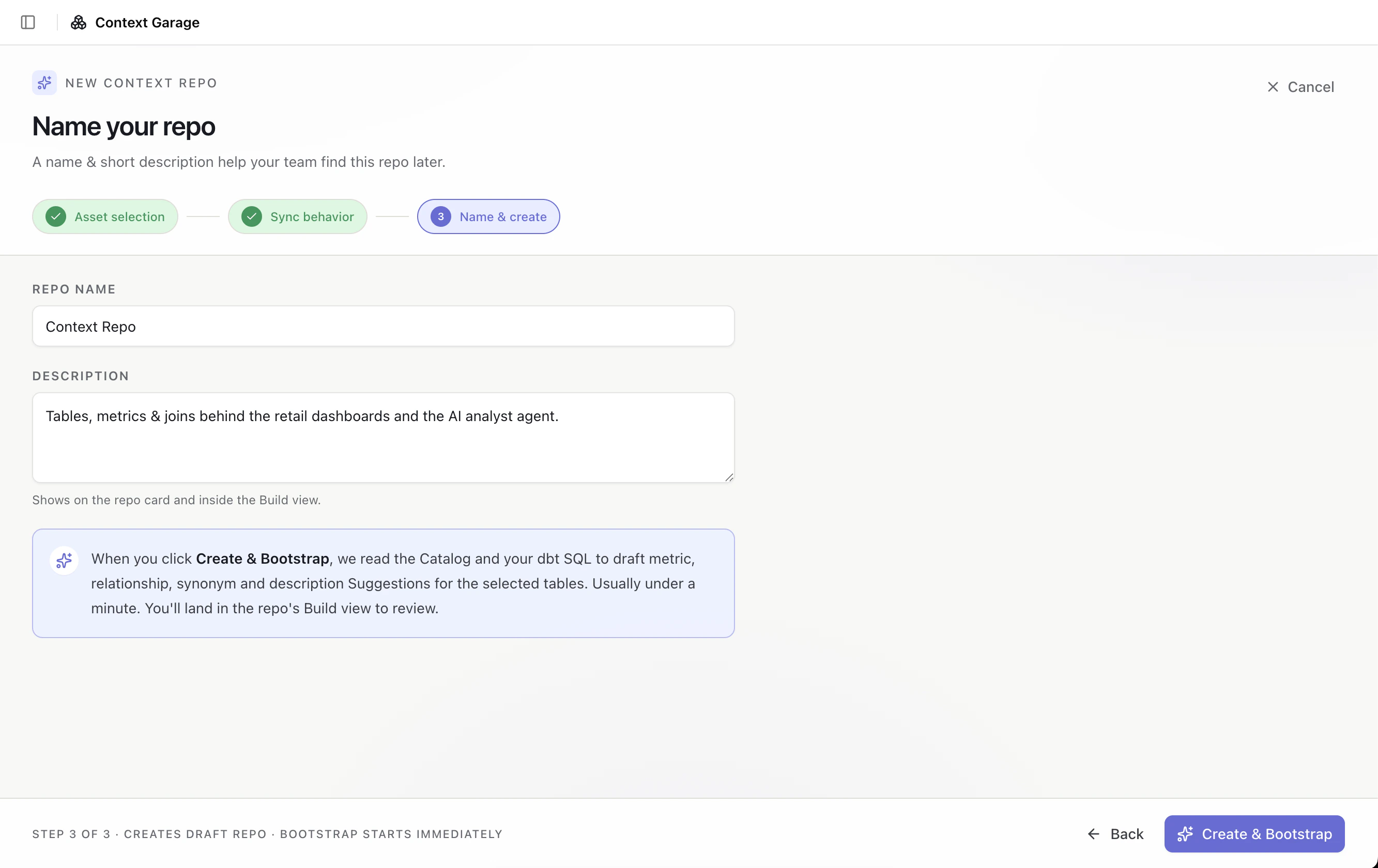 Name your repo step with repo name, description, and Create and Bootstrap button