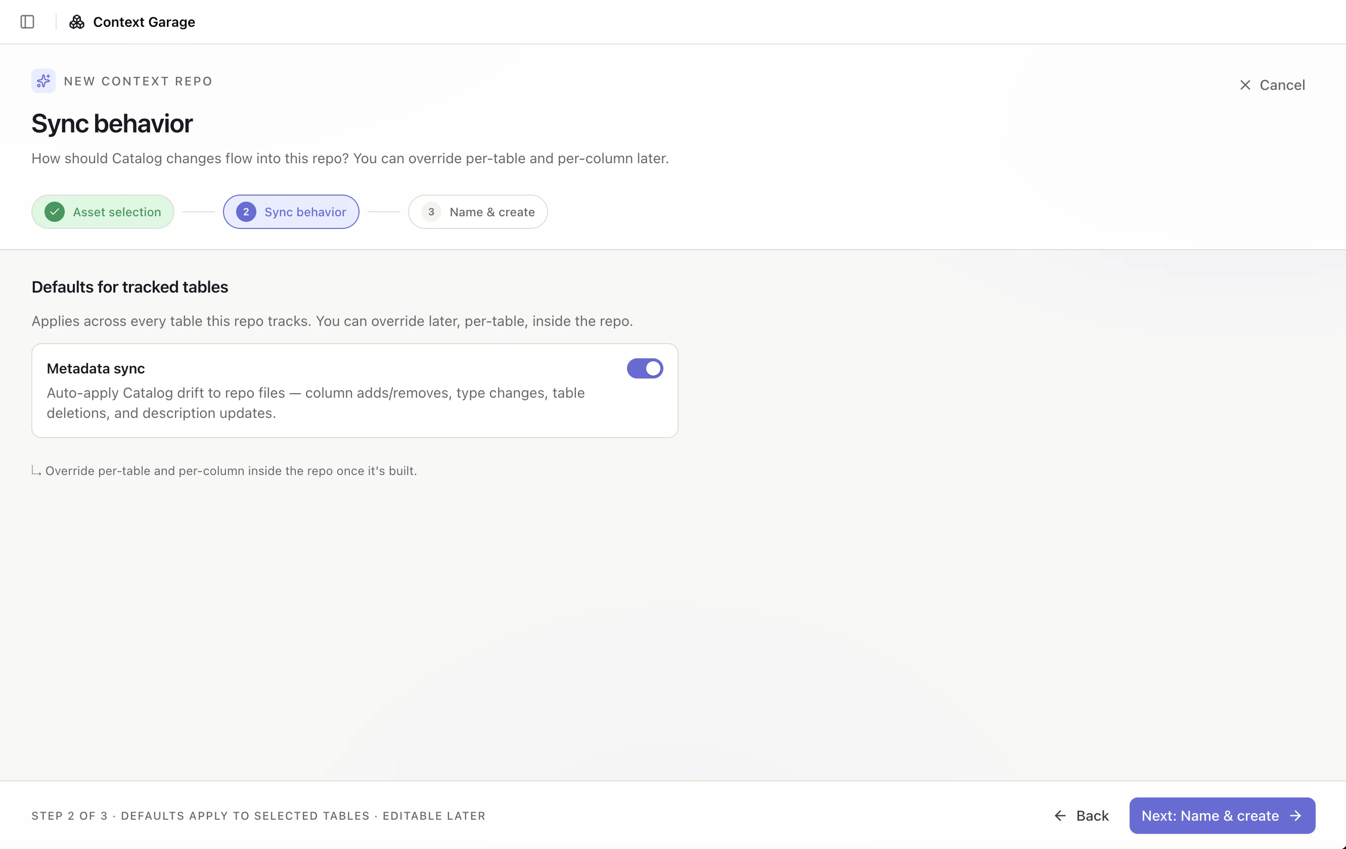 Sync behavior step with the Metadata sync toggle enabled