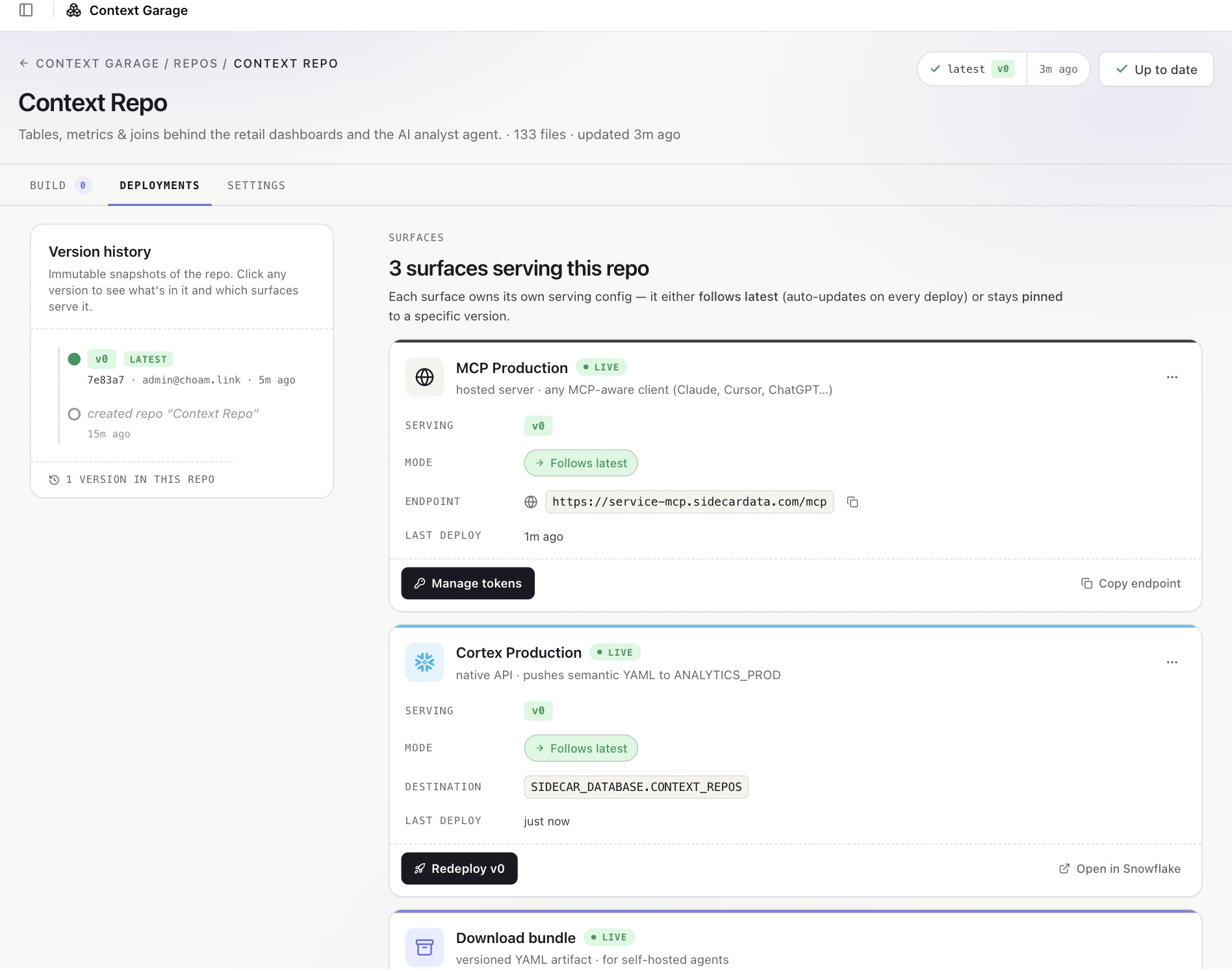 Deploy surfaces page with MCP, Cortex, and download options
