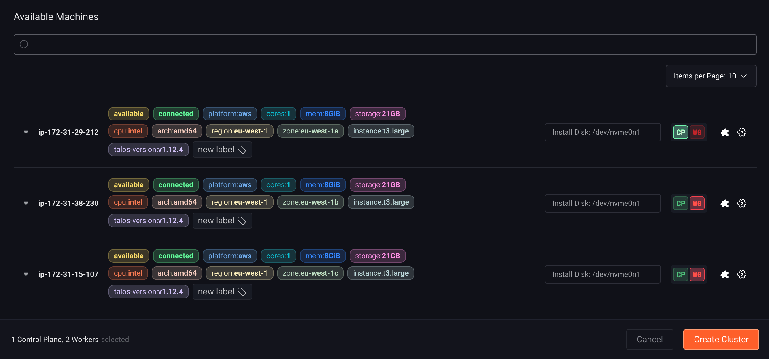 Available machines list showing role assignment and disk selection
