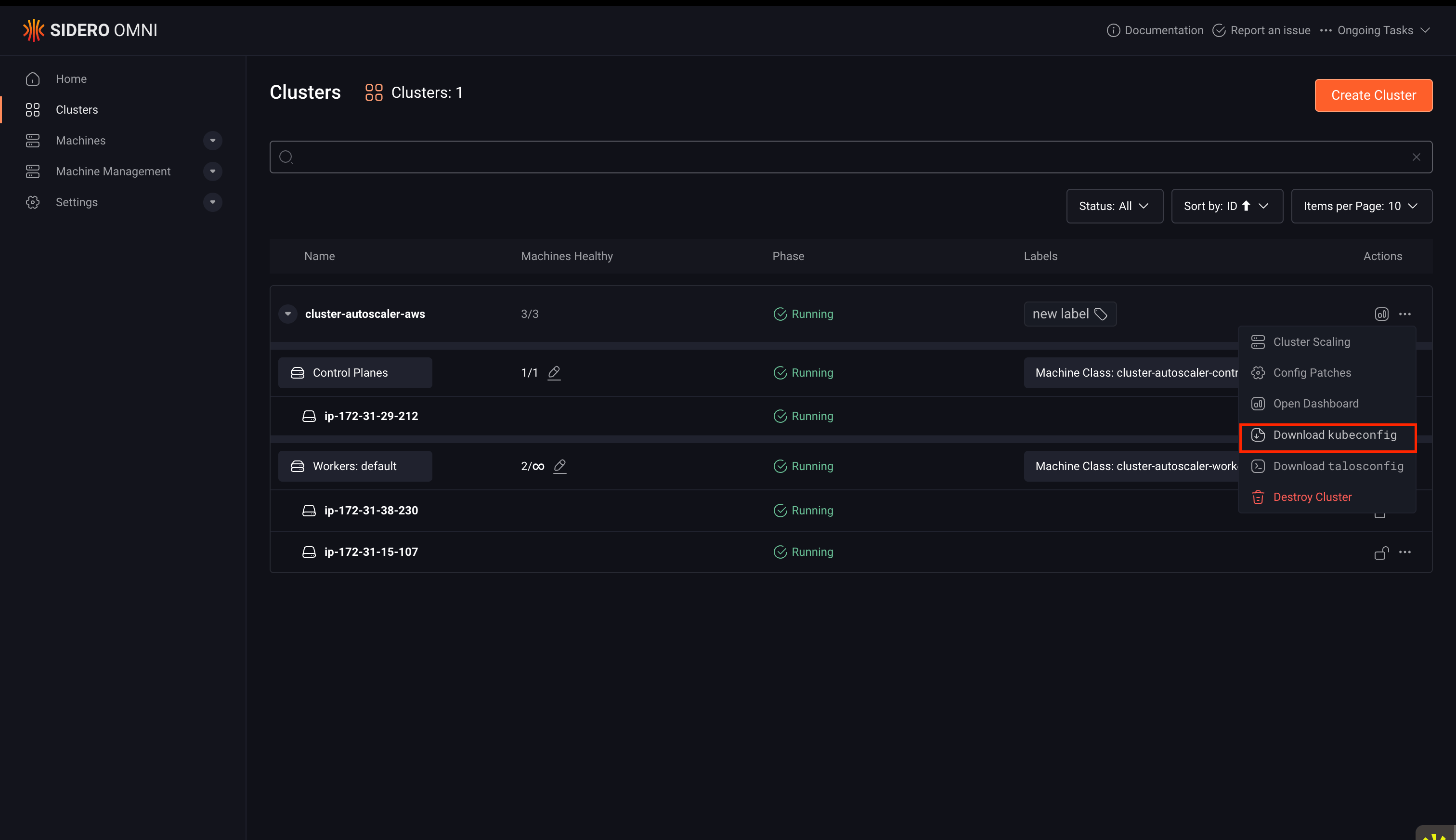Clusters tab