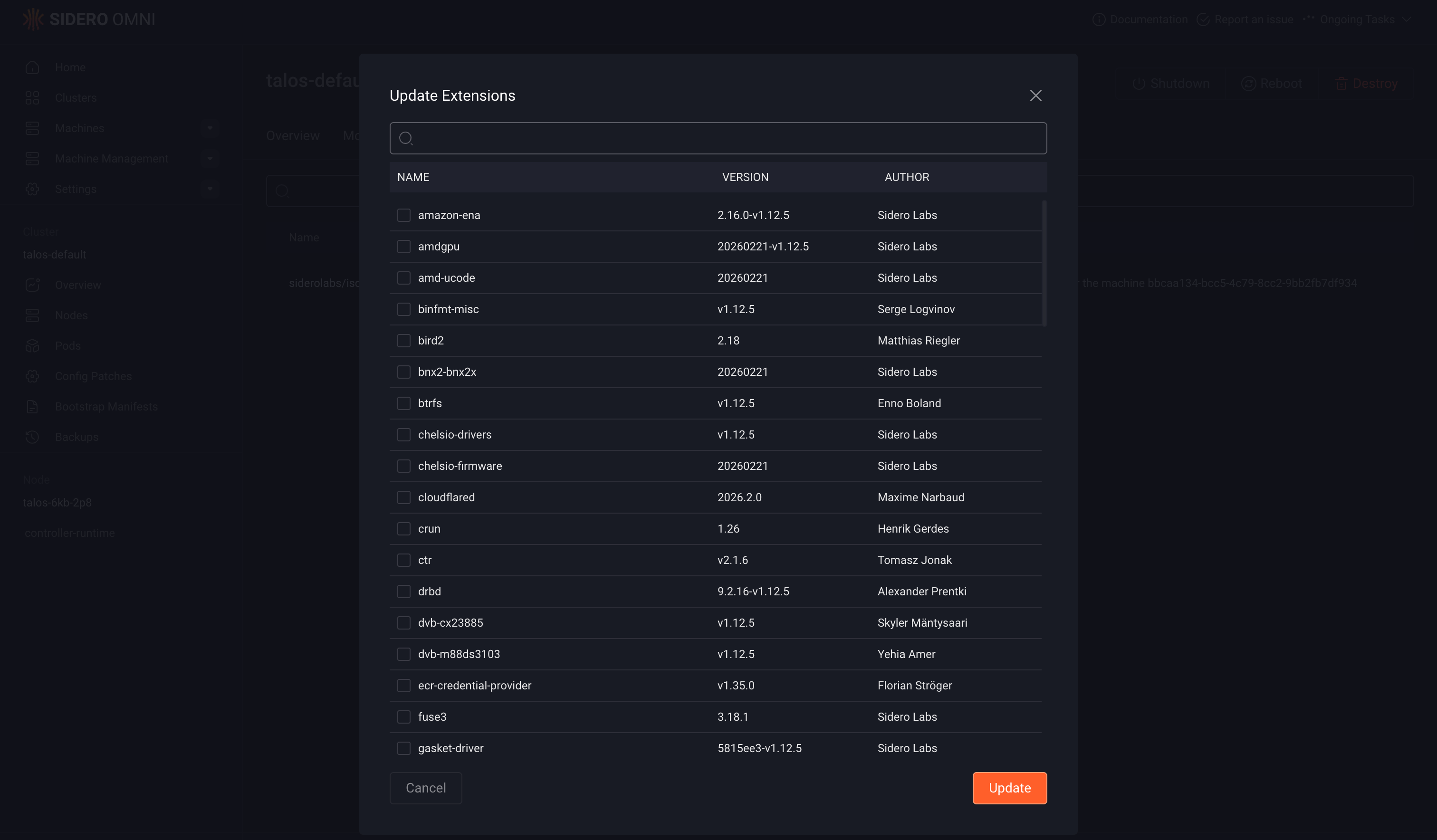 Install Talos extensions update extension