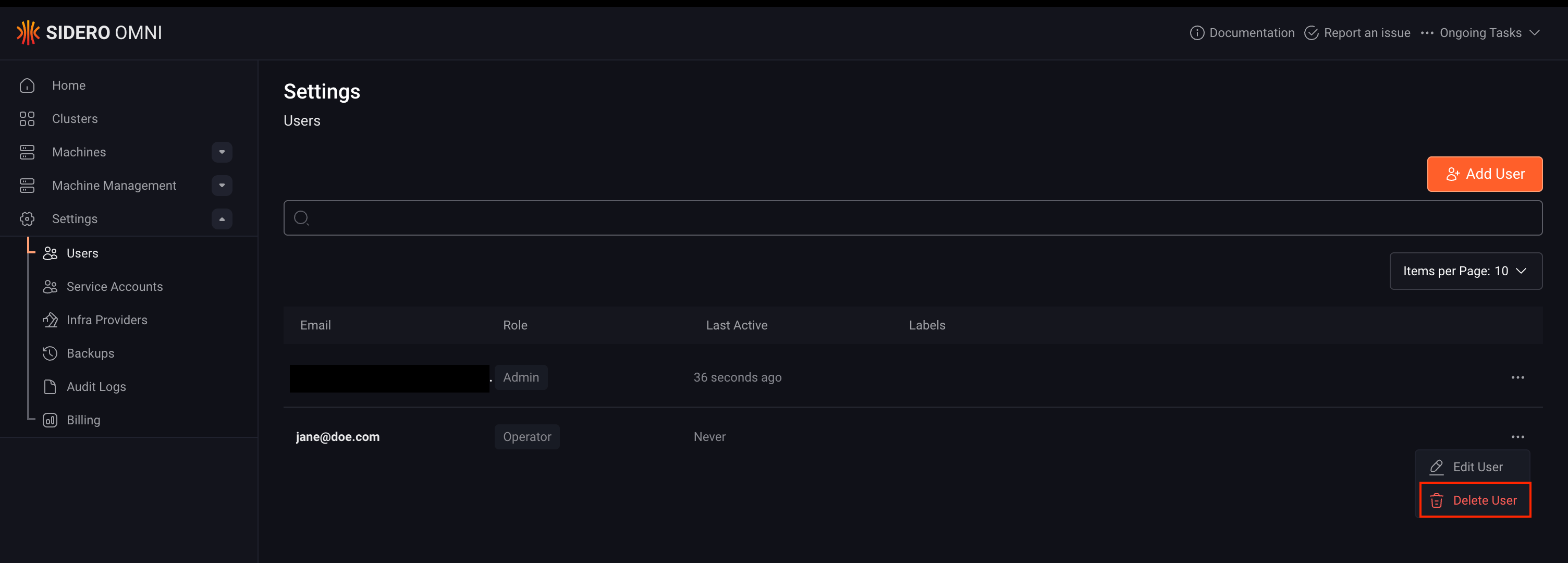 Delete user dropdown