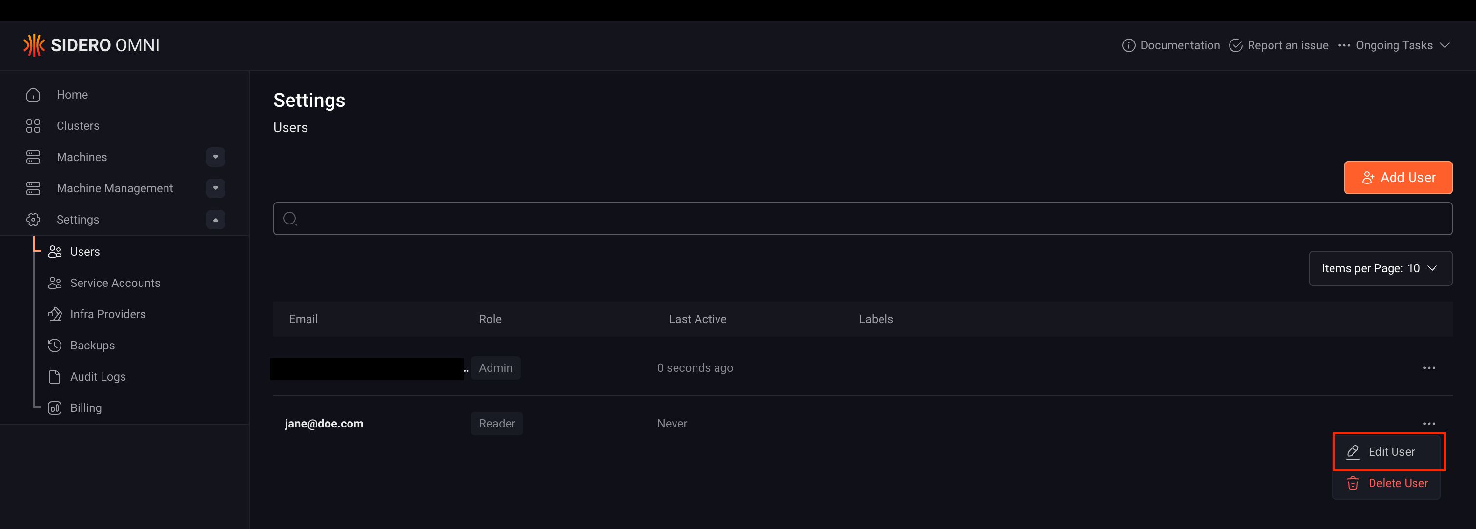 Edit User dropdown