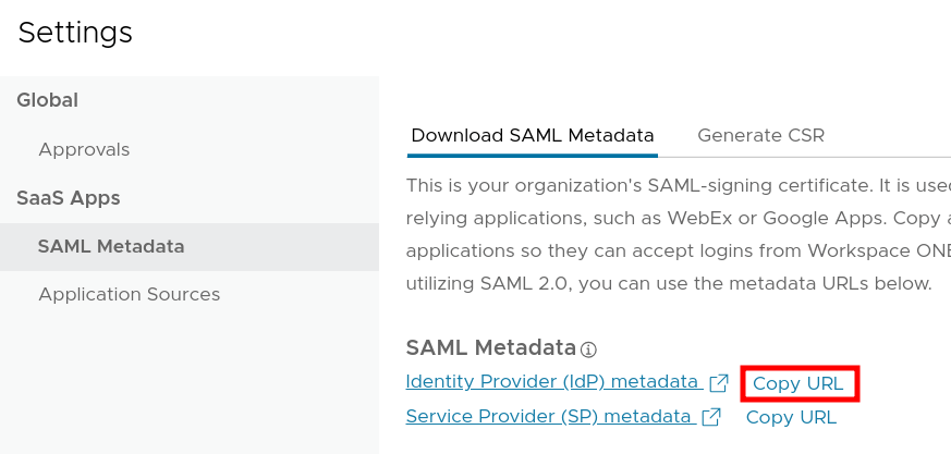 SAML metadata download settings