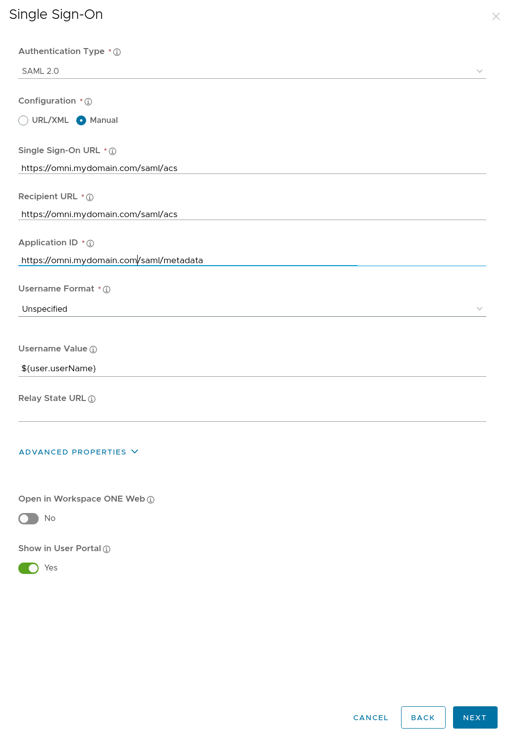 Single Sign-On authentication type settings