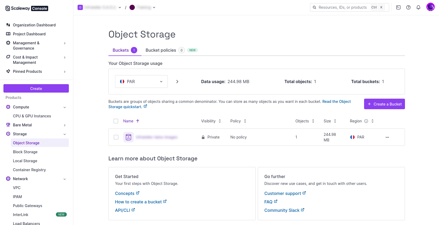 Scaleway Console Create Bucket
