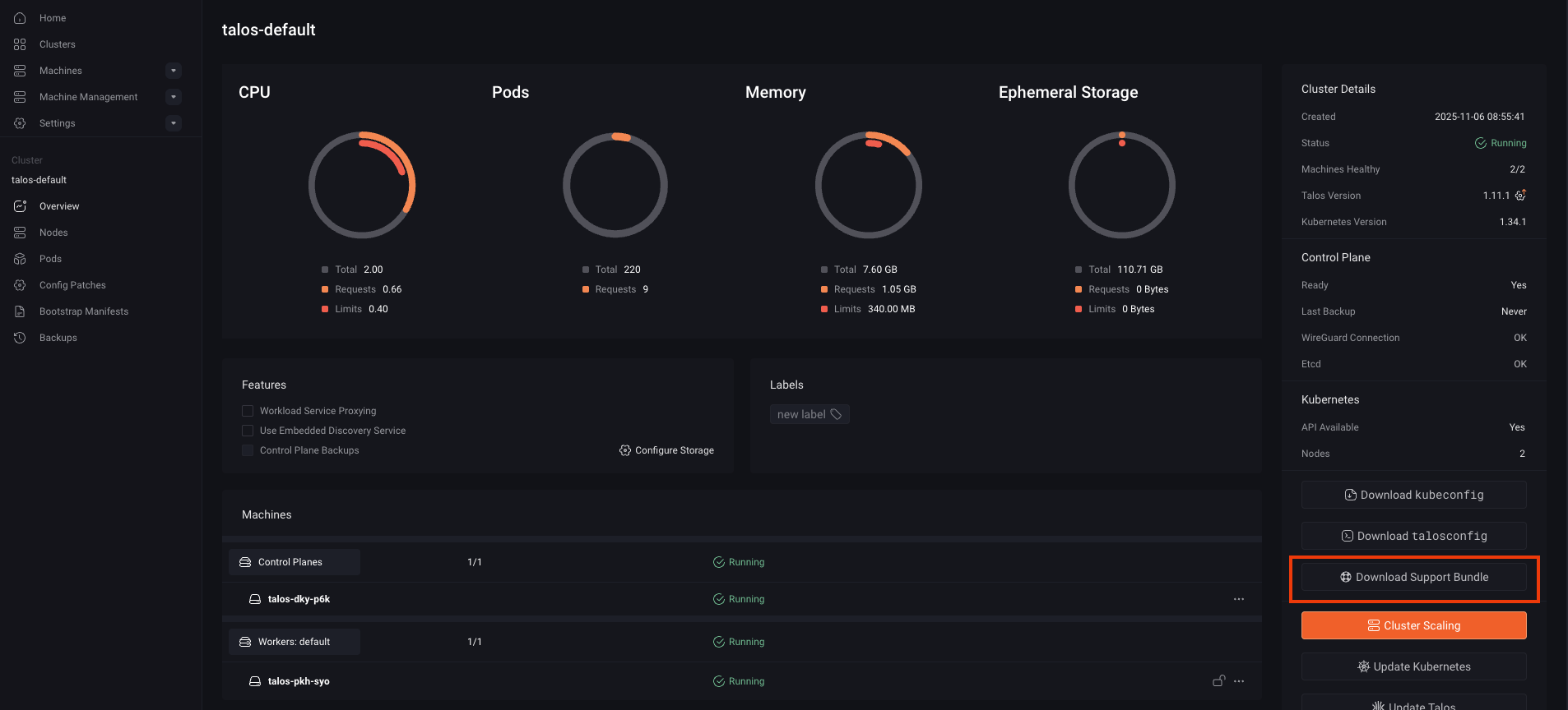 Download Support Bundle button