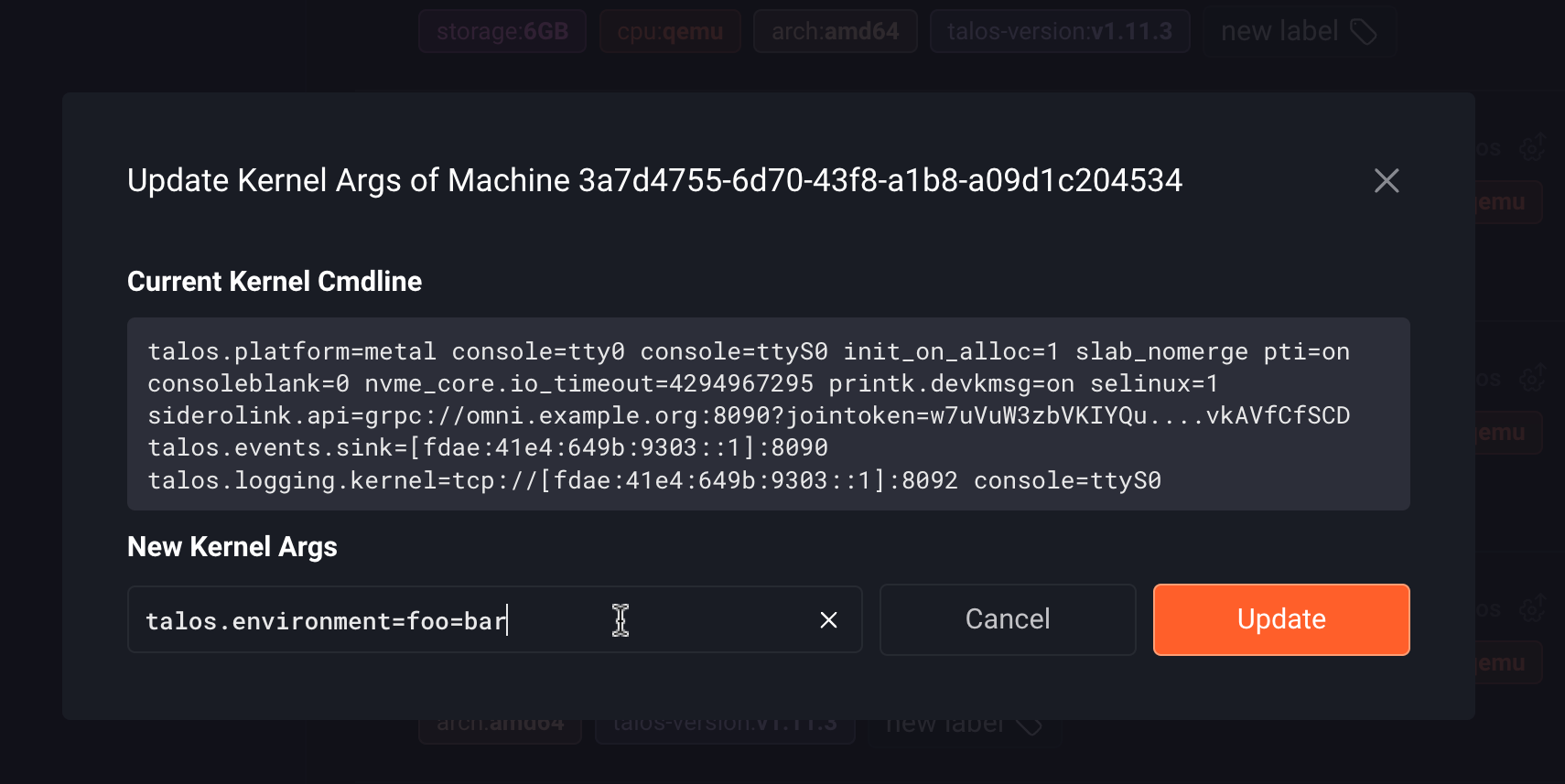 Update kernel args popup