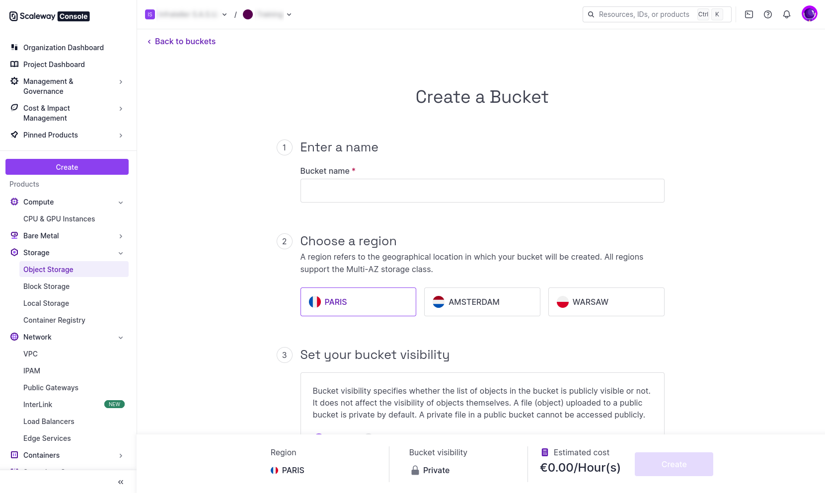Scaleway Console Create Bucket