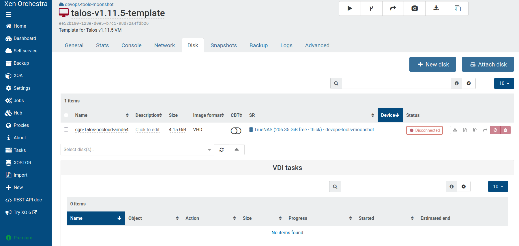 Screenshot of XO5 UI showing the attachment of the Talos disk to the template VM