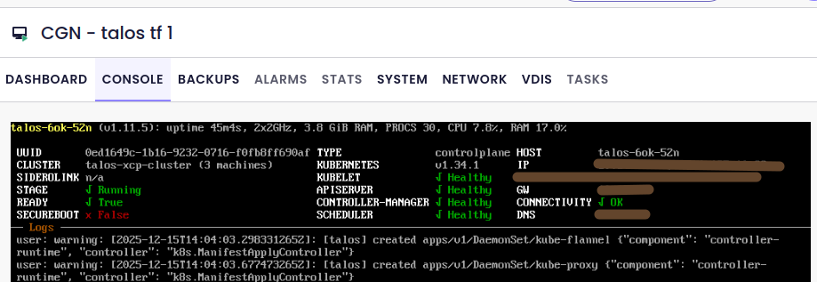 Screenshot of XO6 UI showing the console of the control plane VM running