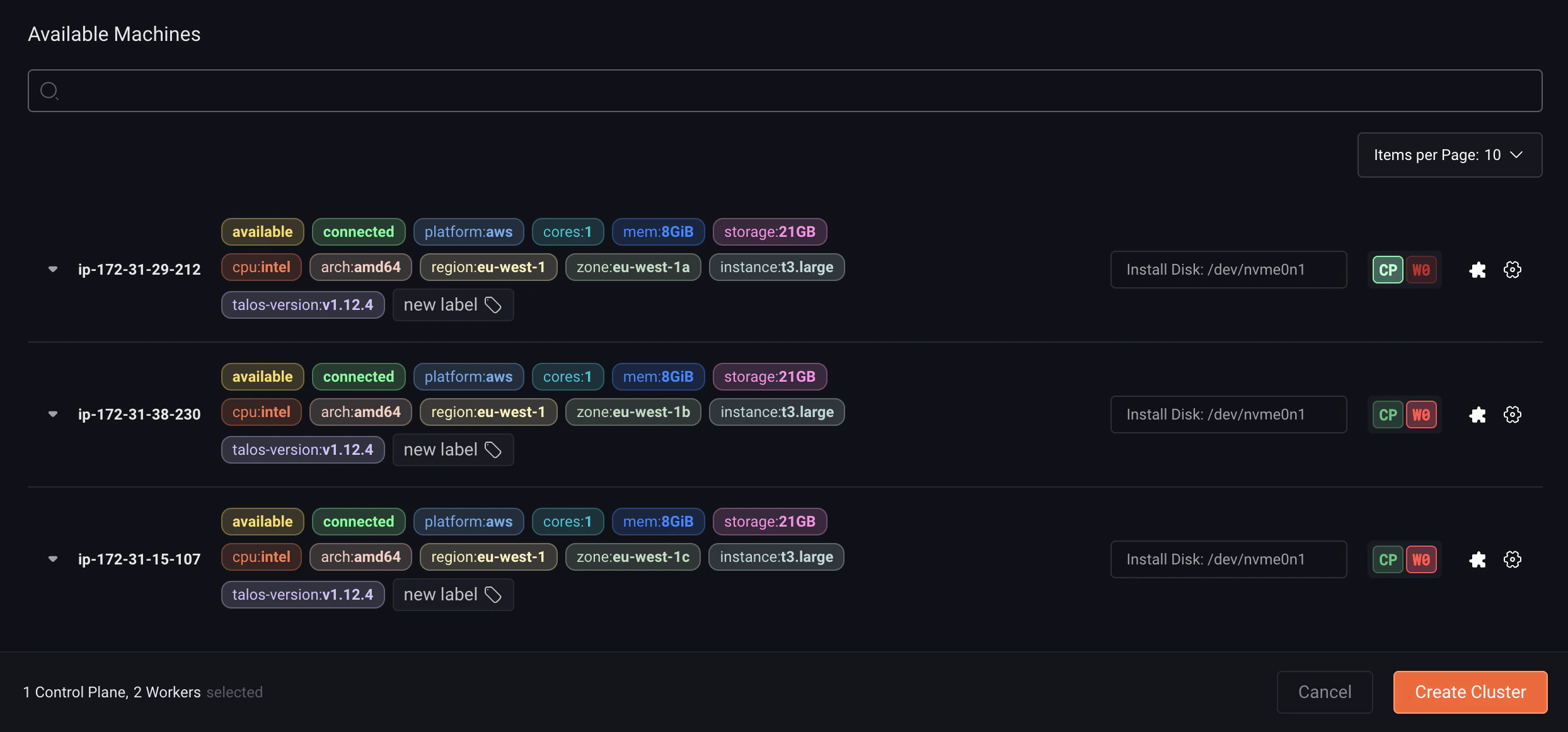 Available machines list showing role assignment and disk selection