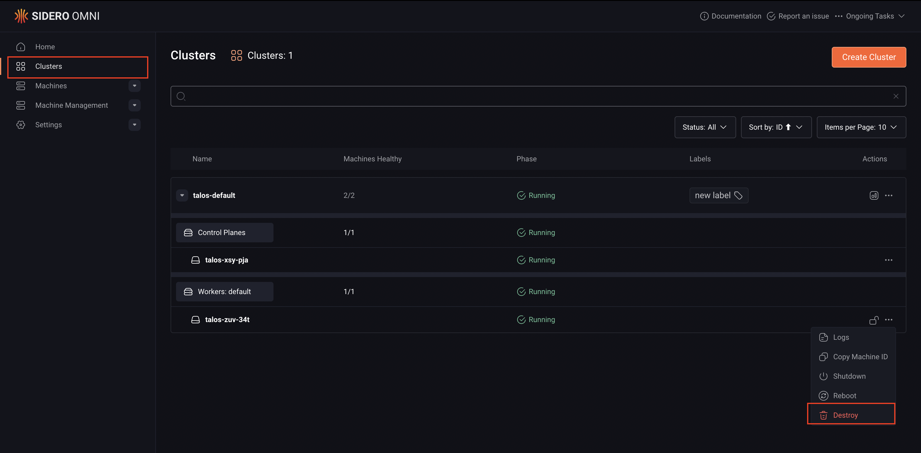 Destroy a machine in Omni