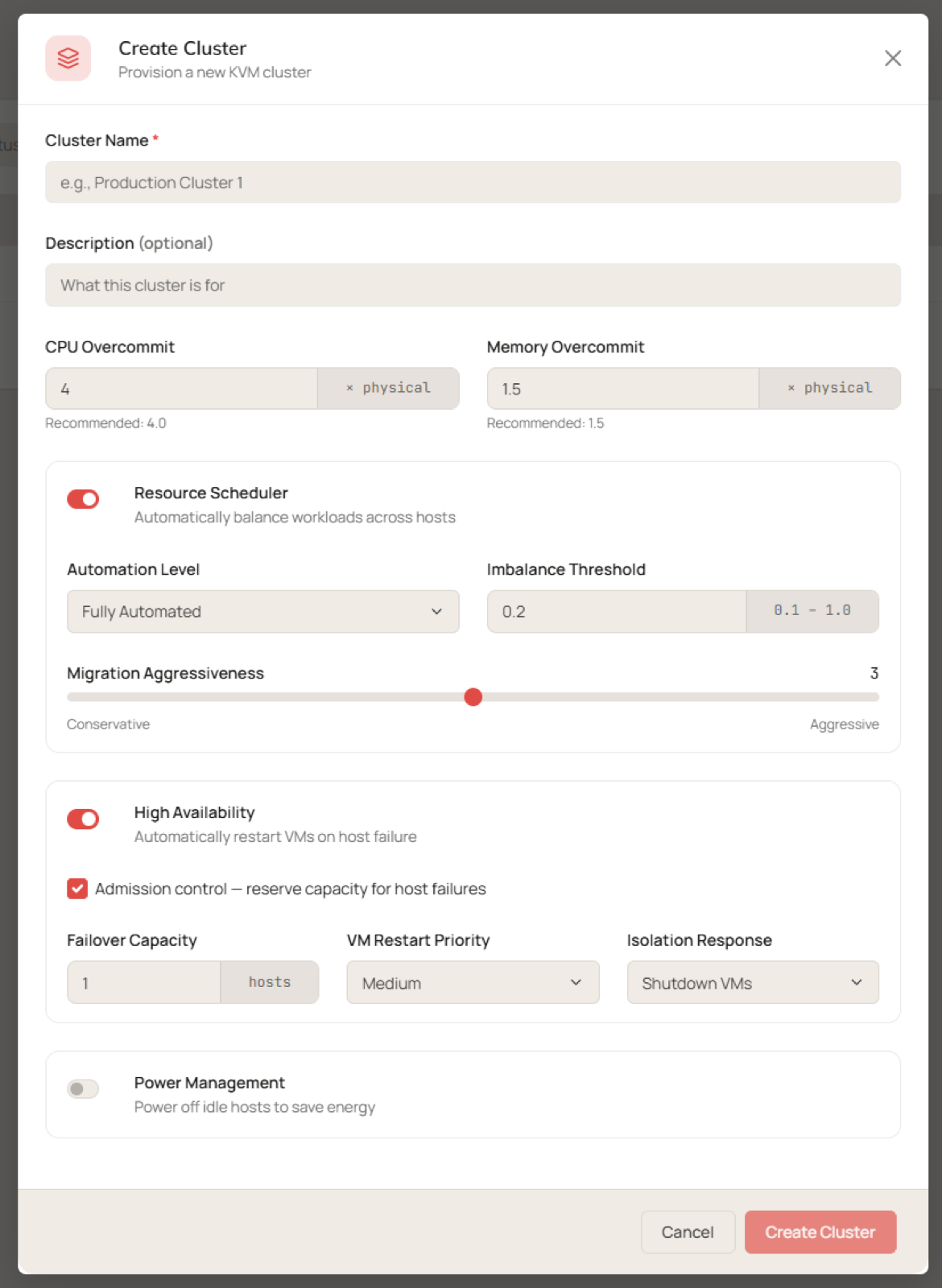 The Create Cluster dialog