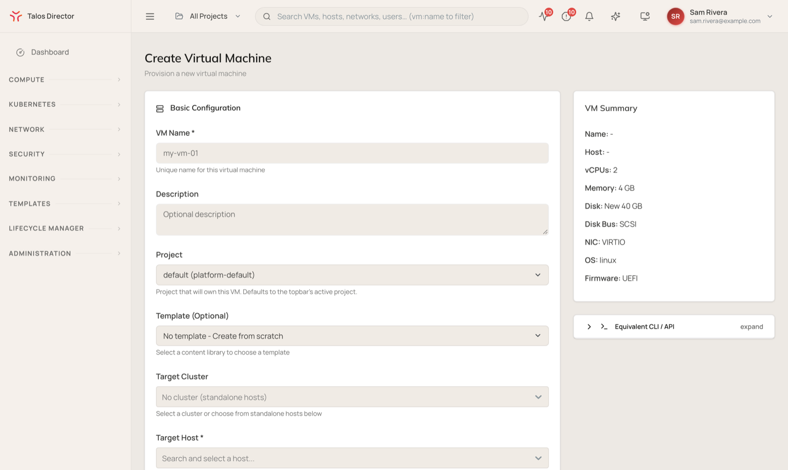 The Create Virtual Machine form