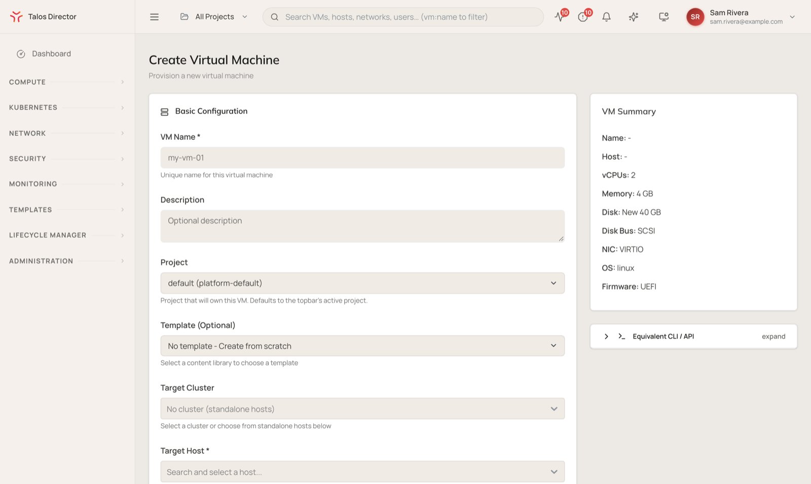 The Create Virtual Machine form