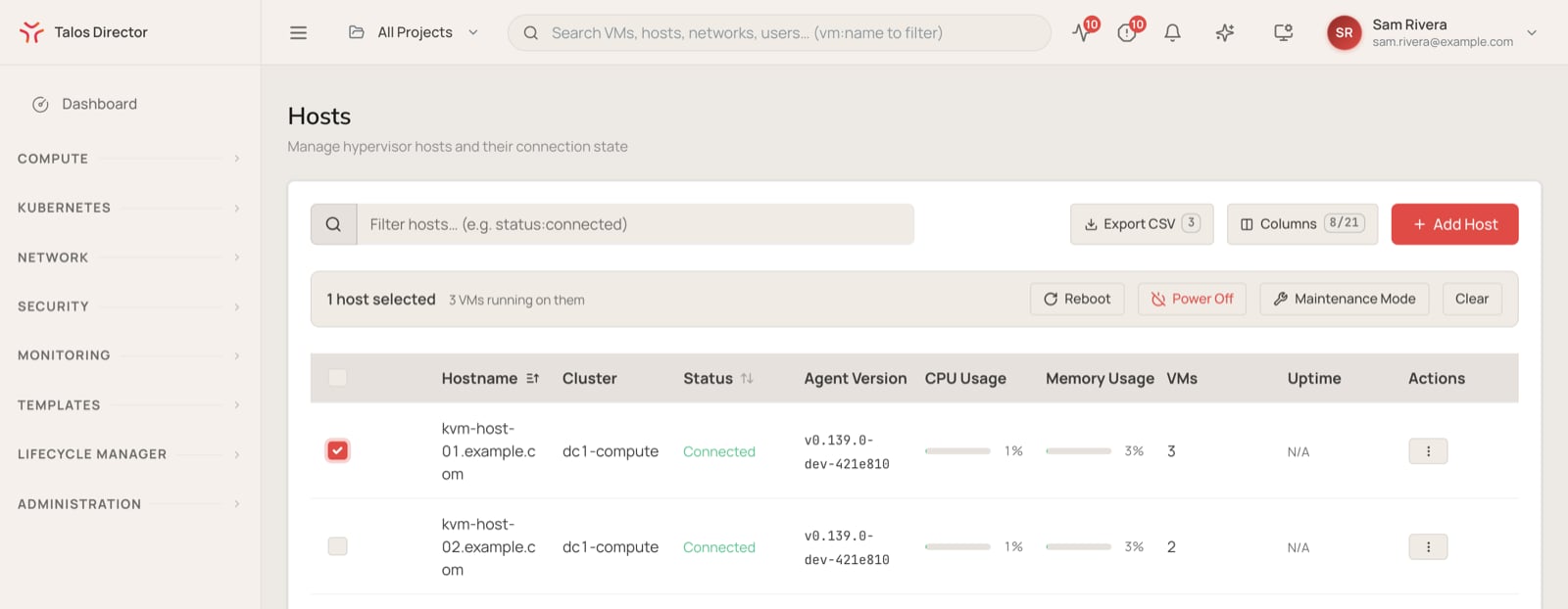 The Hosts view with one host selected, showing the Reboot, Power Off, and Maintenance Mode actions