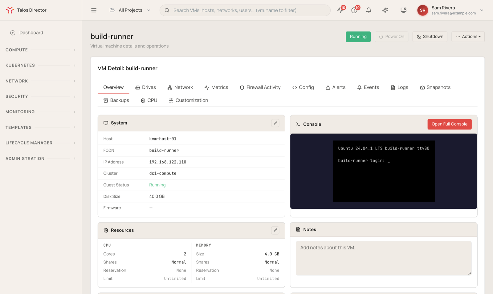 The VM detail screen