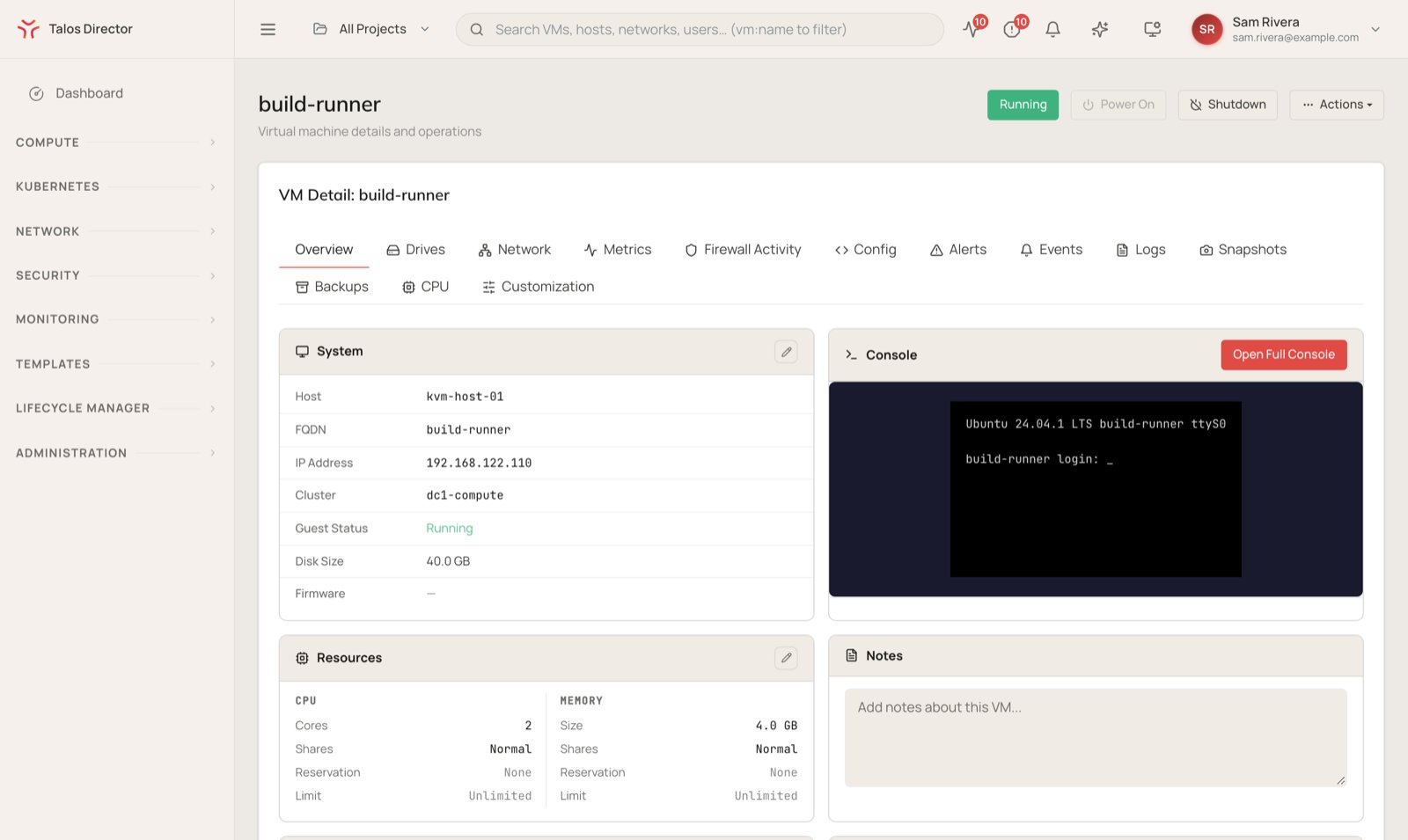 The VM detail screen