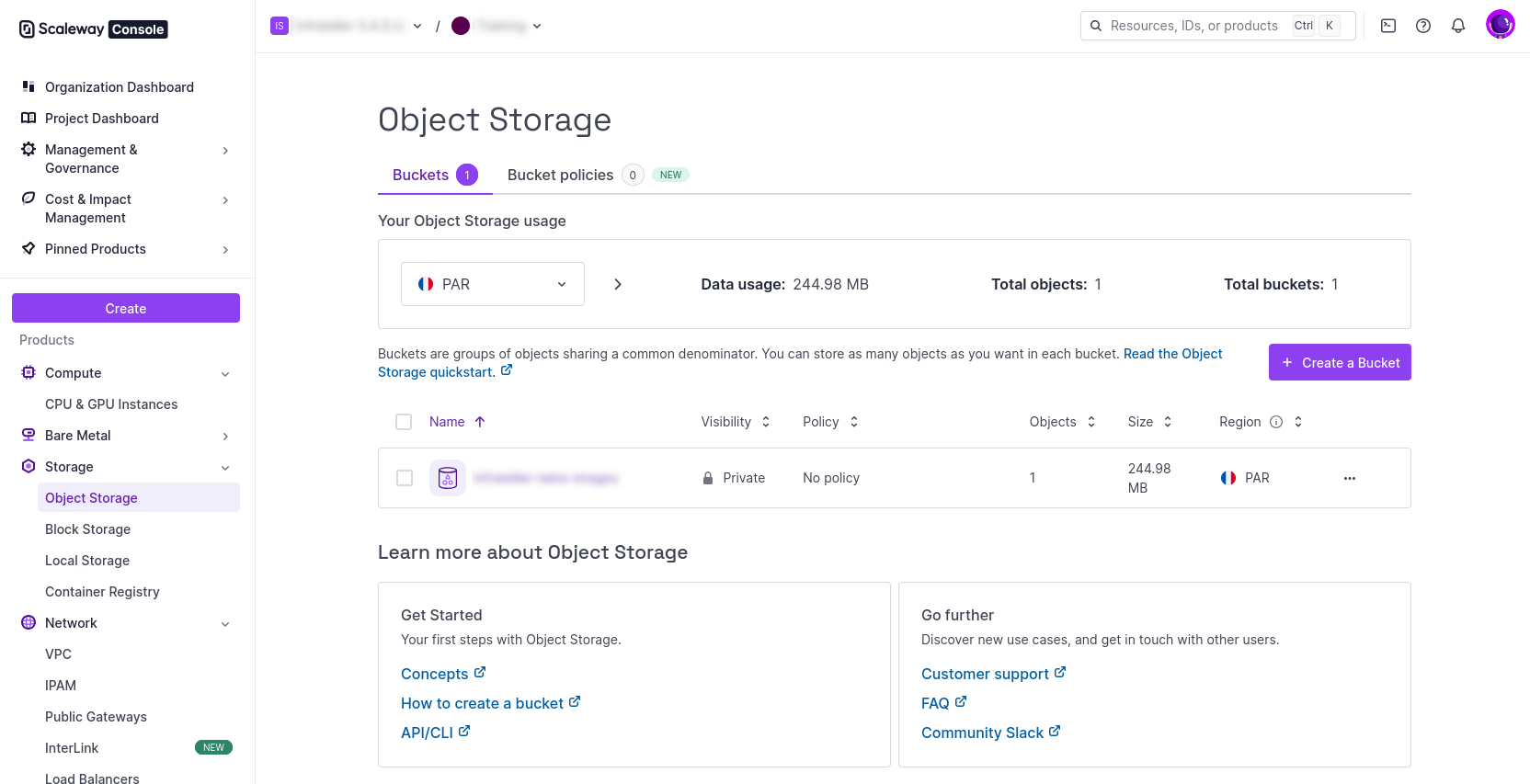 Scaleway Console Create Bucket