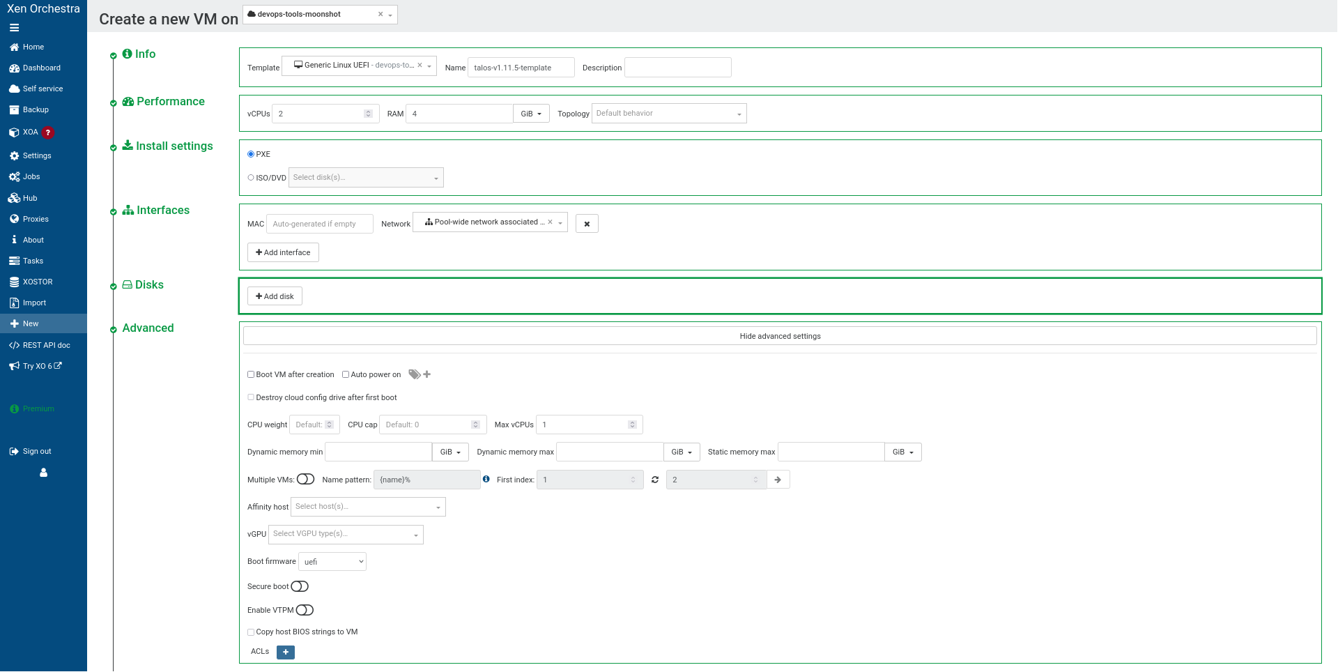 Screenshot of XO5 UI showing the creation of a new VM to use as a template