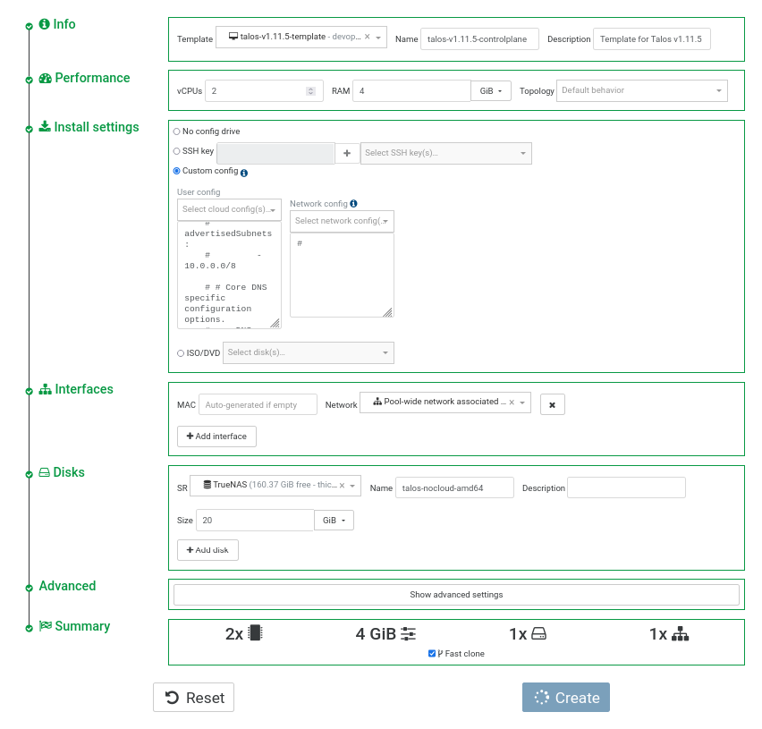 Screenshot of XO5 UI showing the creation of a new VM for the control plane