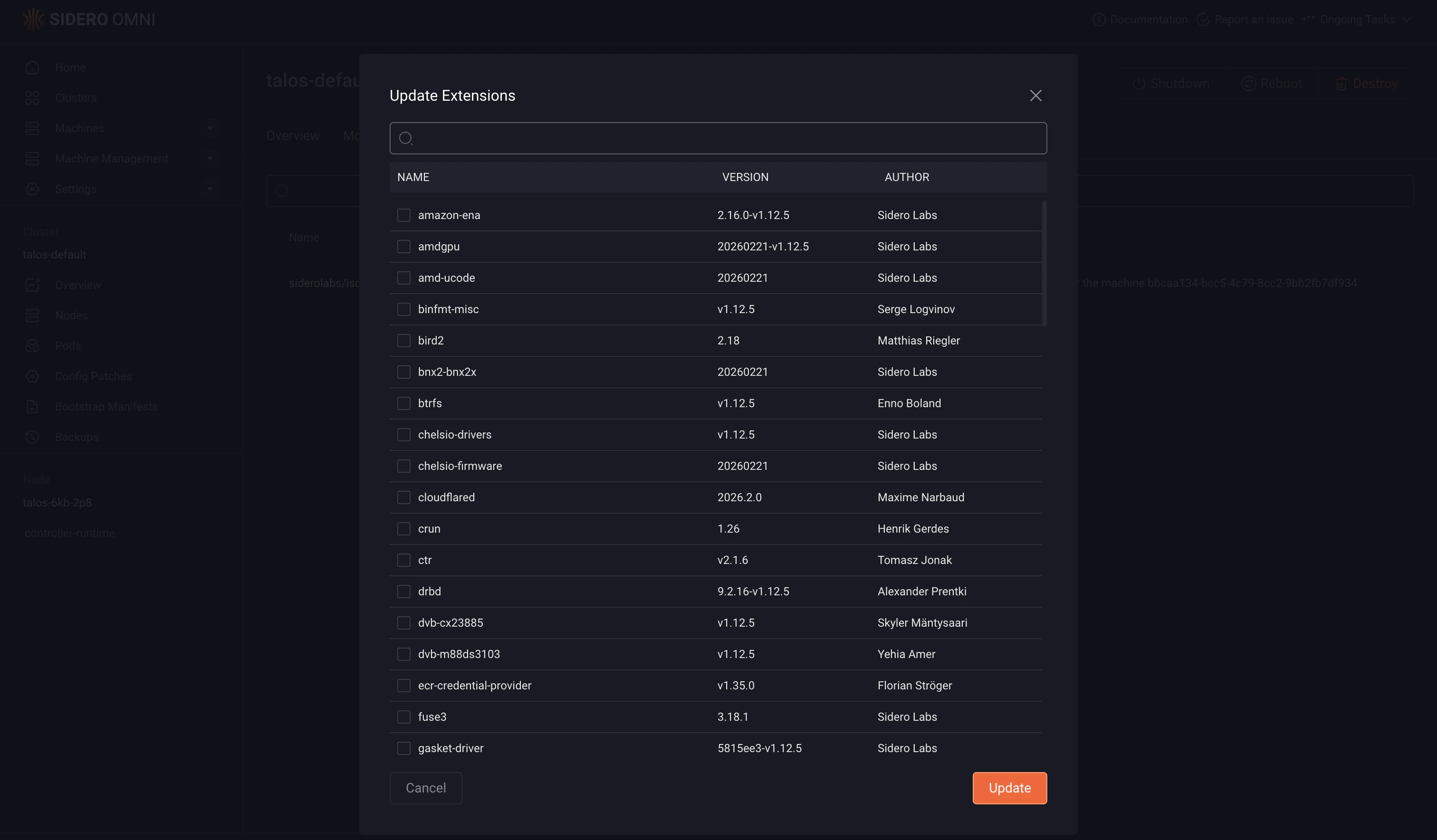 Install Talos extensions update extension