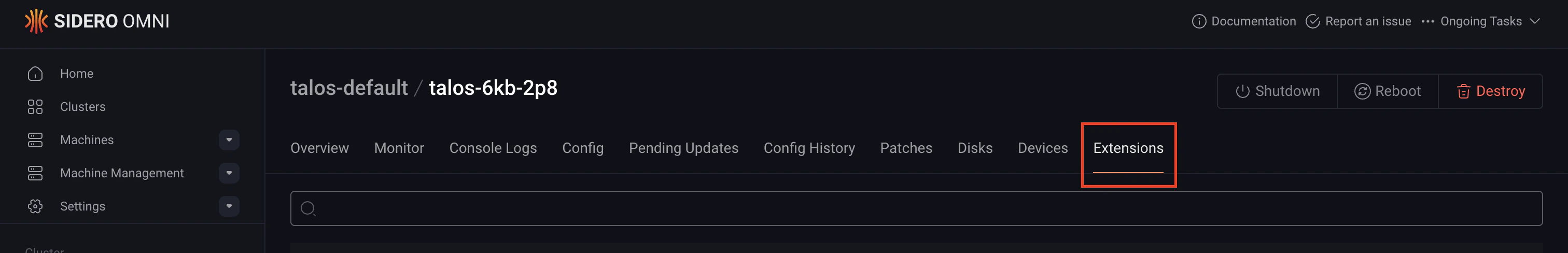 Install Talos extensions extensions tab