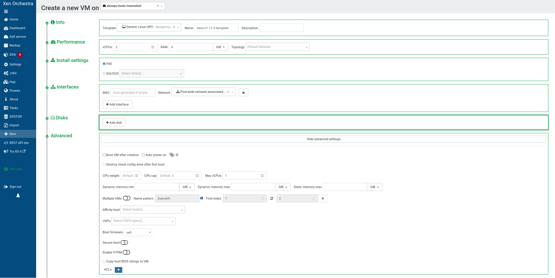 Screenshot of XO5 UI showing the creation of a new VM to use as a template