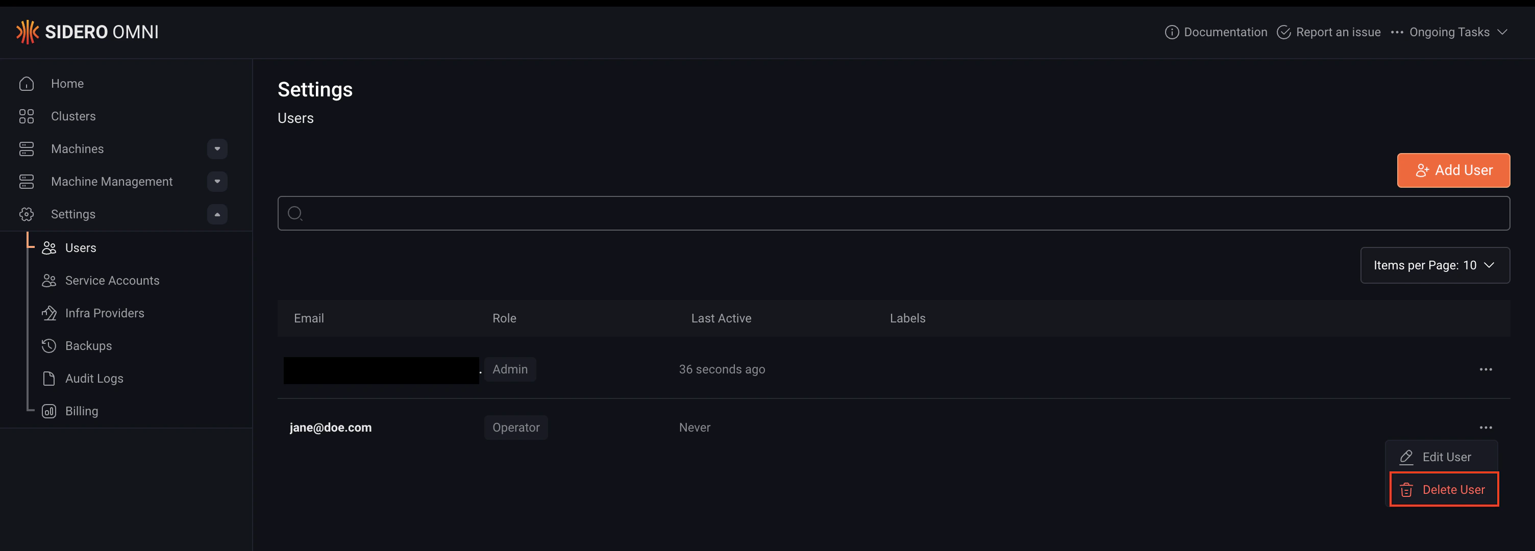 Delete user dropdown