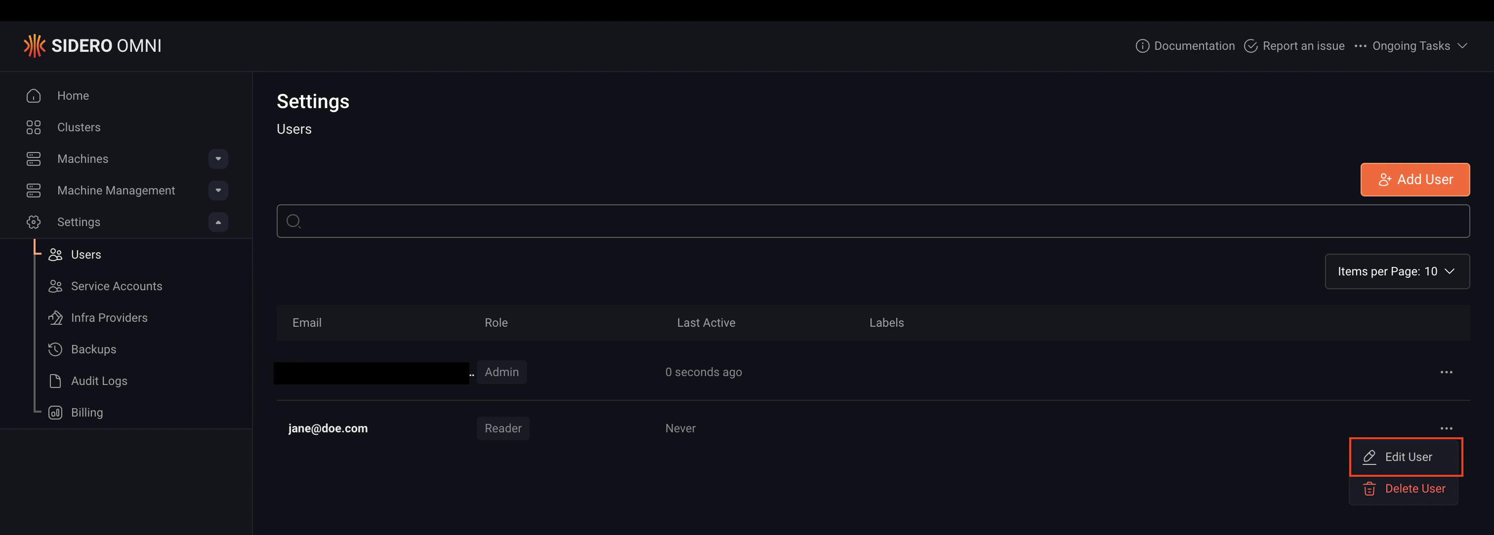 Edit User dropdown
