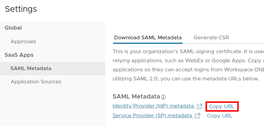 SAML metadata download settings