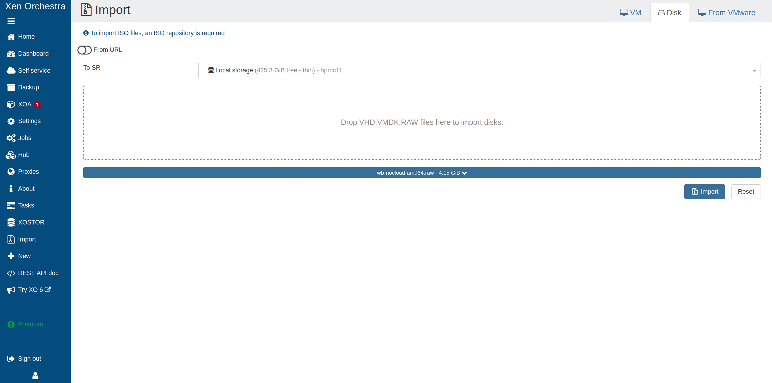 Screenshot of XO5 UI showing the import of a disk image