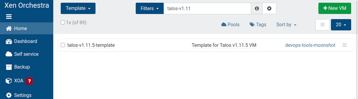 Screenshot of XO5 UI showing the list of templates containing our new Talos template