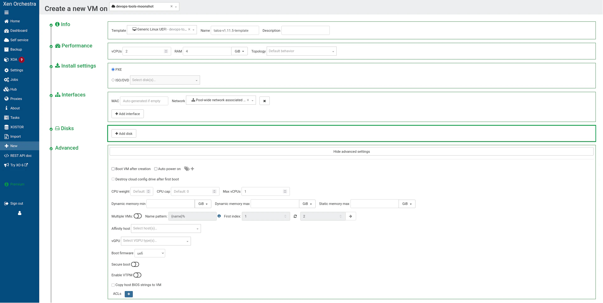 Screenshot of XO5 UI showing the creation of a new VM to use as a template